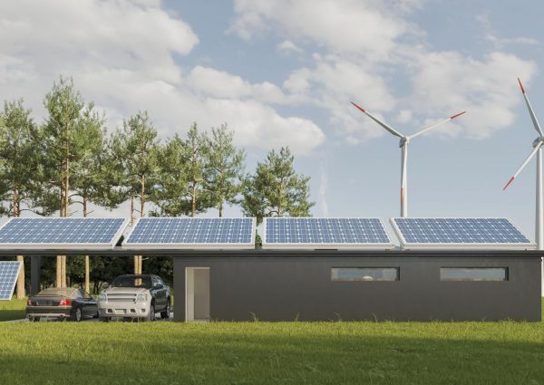 A modern building with solar panels on its roof and carport sits in a lush, green field surrounded by trees. Two cars are parked under the carport. Several tall wind turbines, prime renewable energy examples, stand in the background, and the sky is partly cloudy.