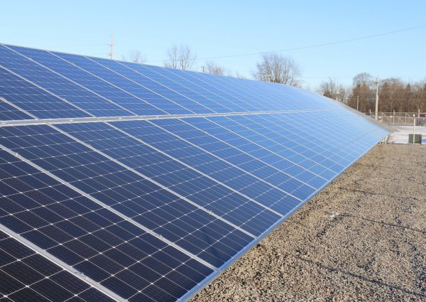 A field of solar panels installed on a gravel surface under a clear sky, capturing sunlight for renewable energy.